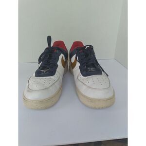 Nike Air Force 1 Low Top Sneakers White Gold‎ Navy Red Accent Shoes